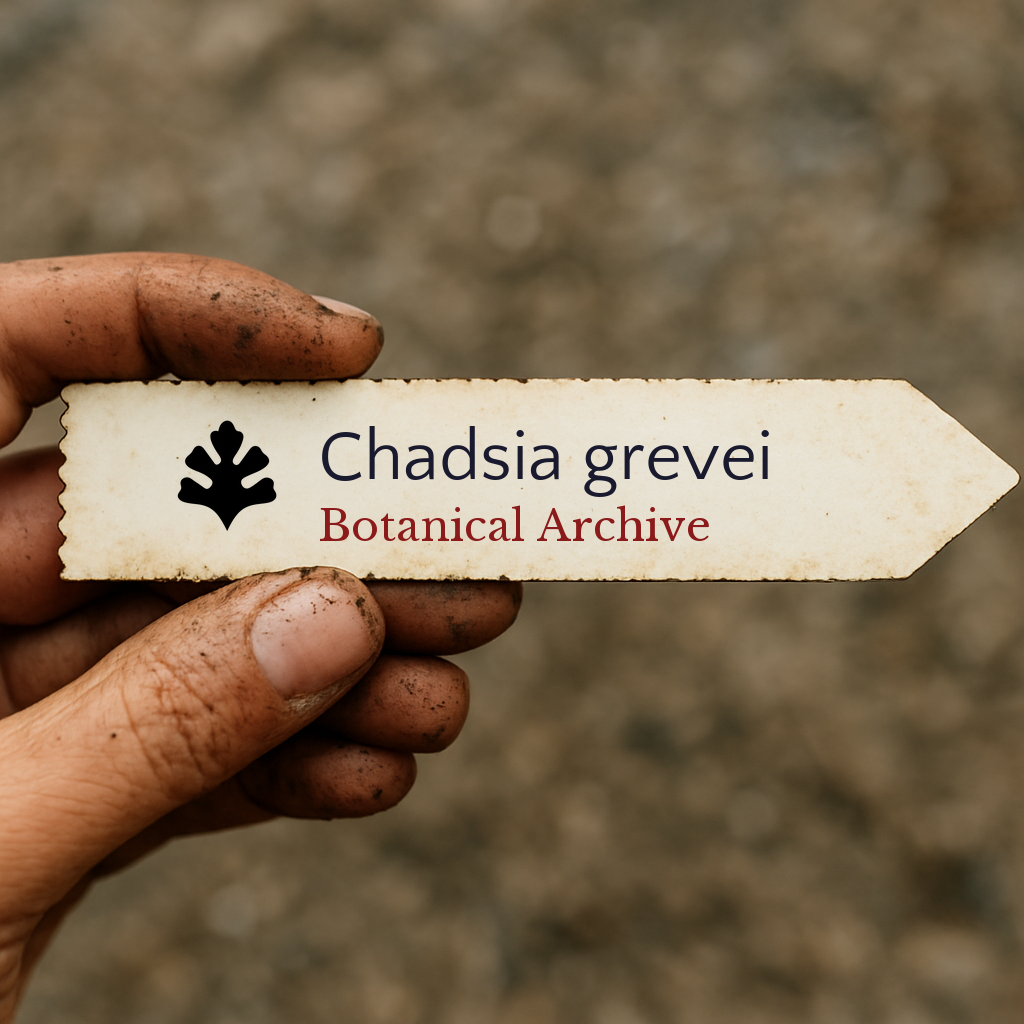 Etichetta per piante stampata per Chadsia grevei tenuta da una mano sporca all'aperto