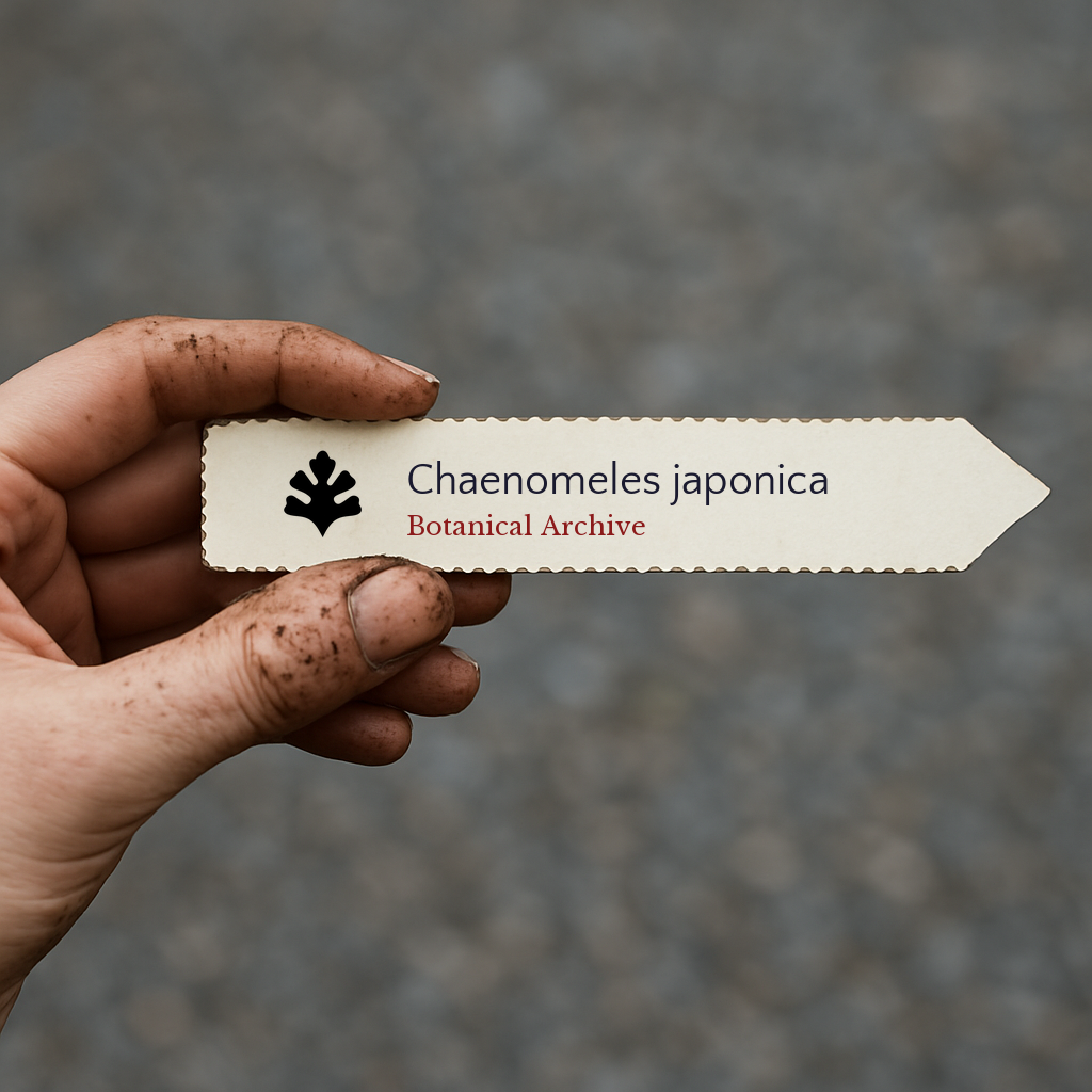Printed plant label for Chaenomeles japonica held by dirty hand against blurred background