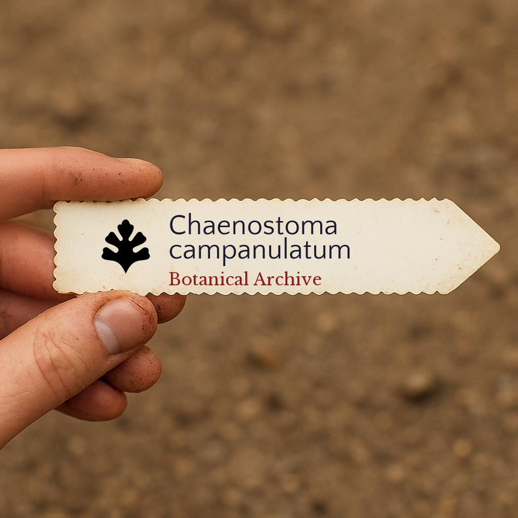Printed plant label for Chaenostoma campanulatum held over soil background