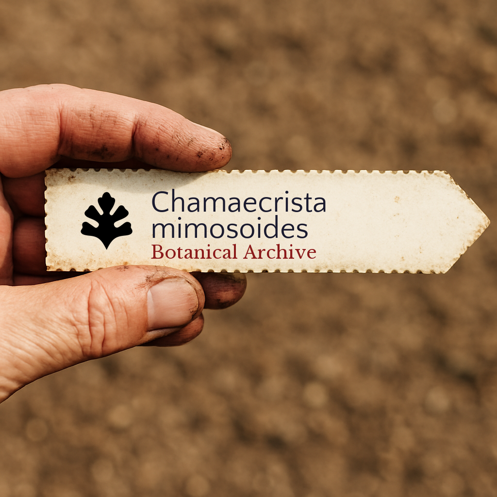 Printed plant label for Chamaecrista mimosoides held by hand over soil background