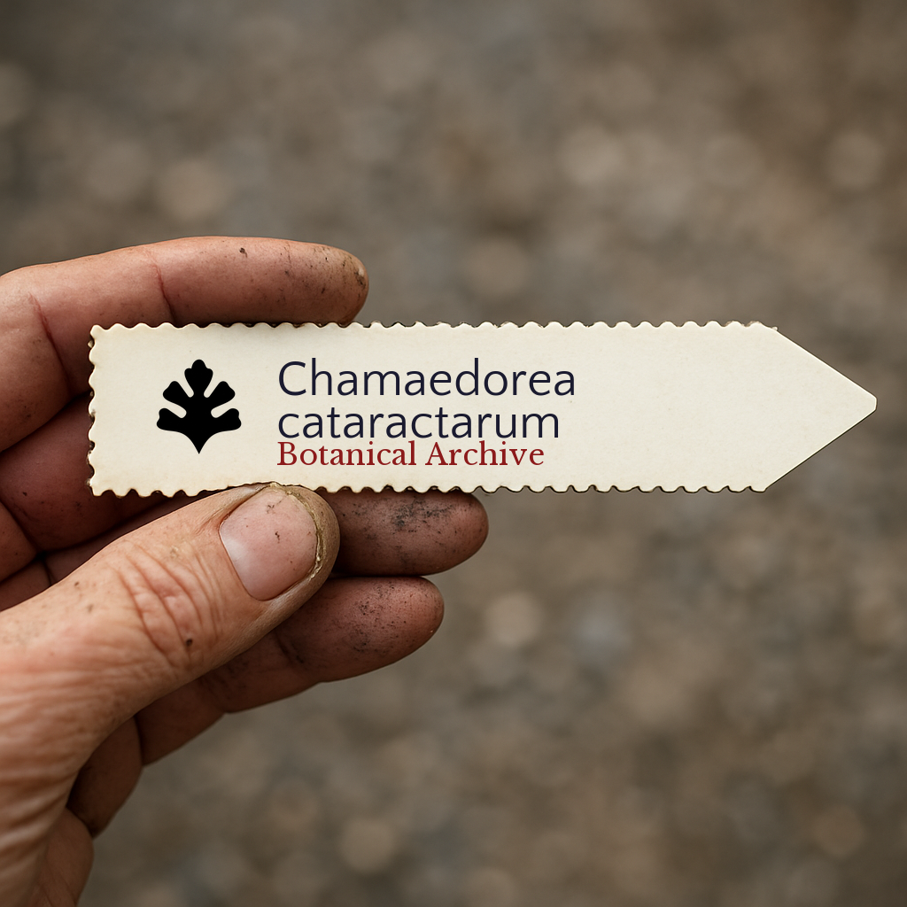 Etichetta stampata per pianta di Chamaedorea cataractarum tenuta nella mano di un giardiniere
