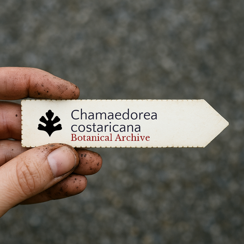 Printed plant label for Chamaedorea costaricana held by dirty hand with blurred background