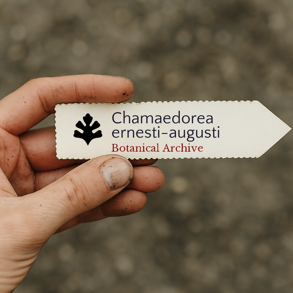 Etichetta stampata per pianta di Chamaedorea ernesti-augusti tenuta a mano con sfondo di terra
