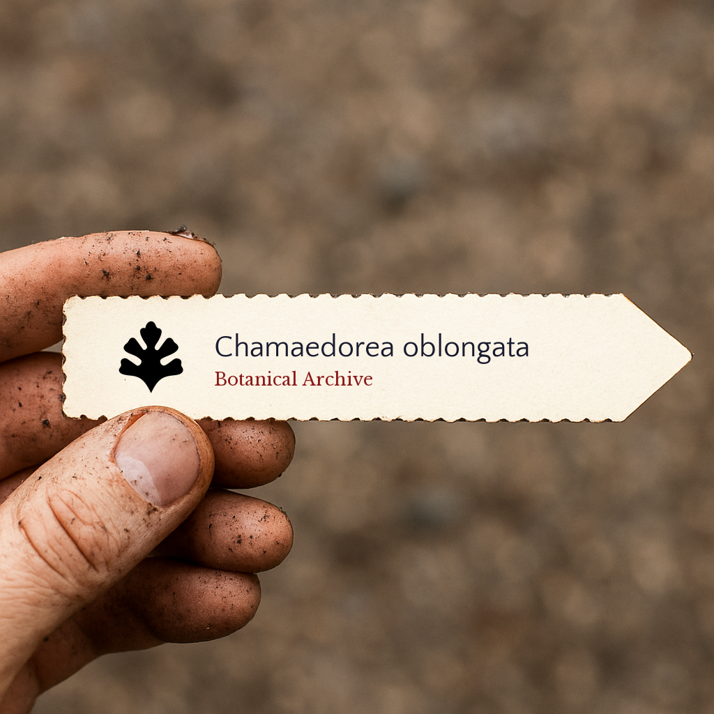 Etichetta per pianta stampata per Chamaedorea oblongata tenuta da una mano sporca con sfondo sfocato di terreno