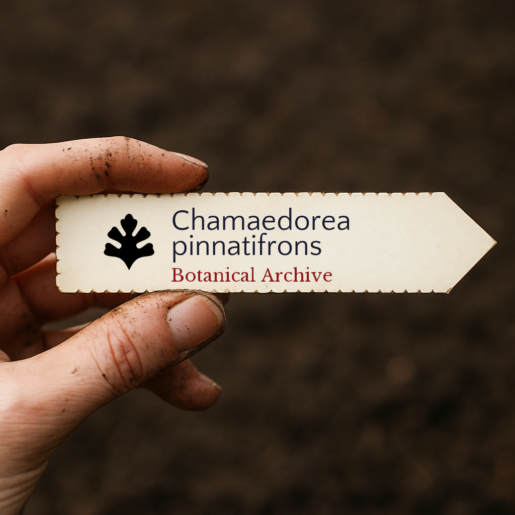 Printed plant label for Chamaedorea pinnatifrons held by dirty hand over soil background