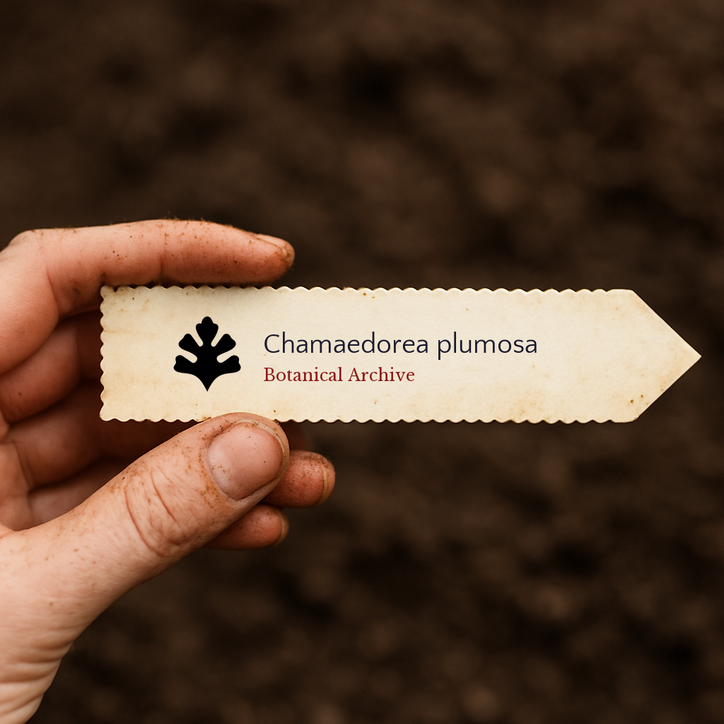 Etichetta per pianta stampata per Chamaedorea plumosa tenuta da mano sporca su sfondo di terreno
