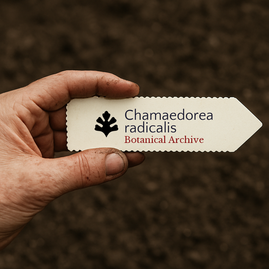 Etichetta per pianta stampata per Chamaedorea radicalis tenuta in mano su sfondo di terreno