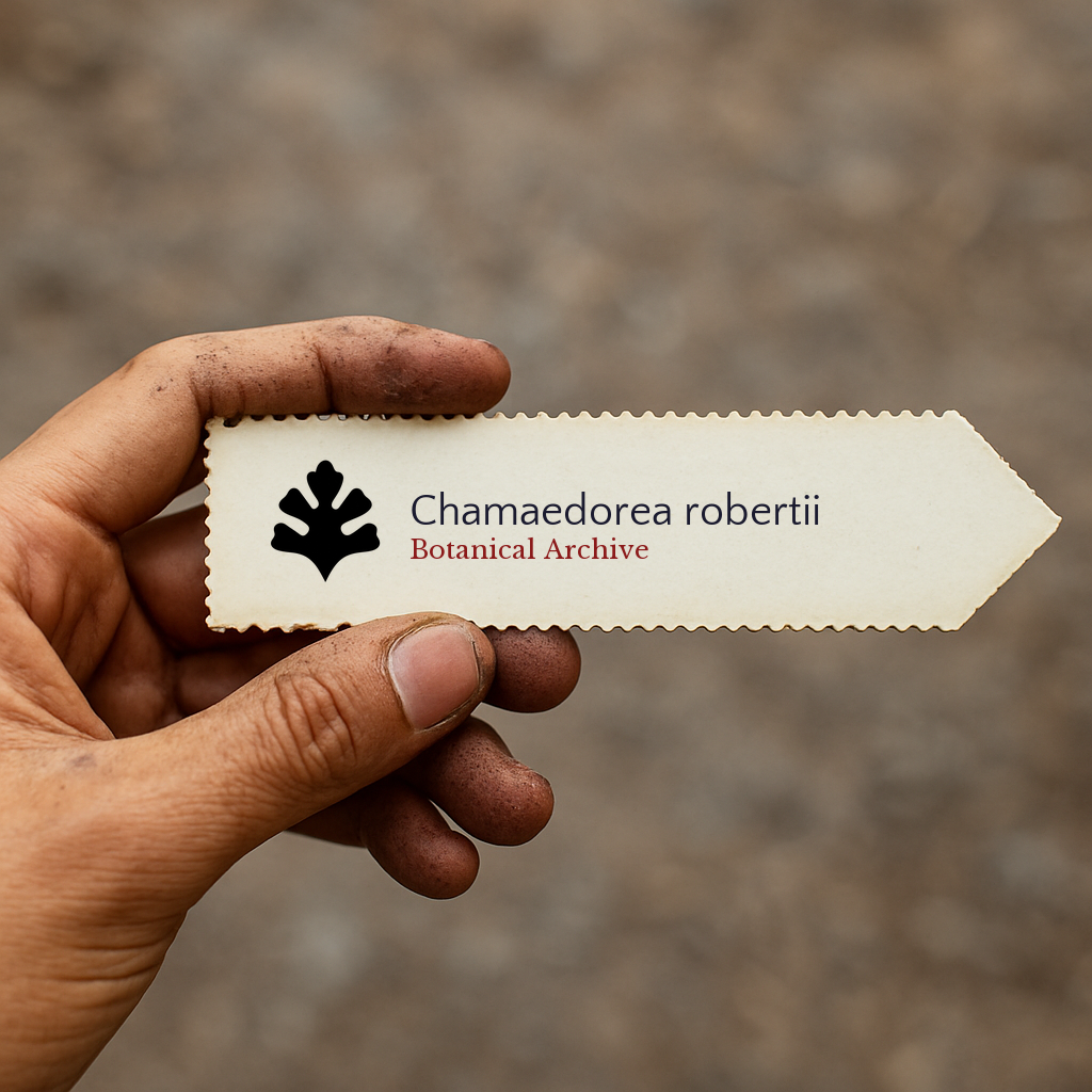 Etichetta stampata per pianta di Chamaedorea robertii tenuta a mano con sfondo di terra