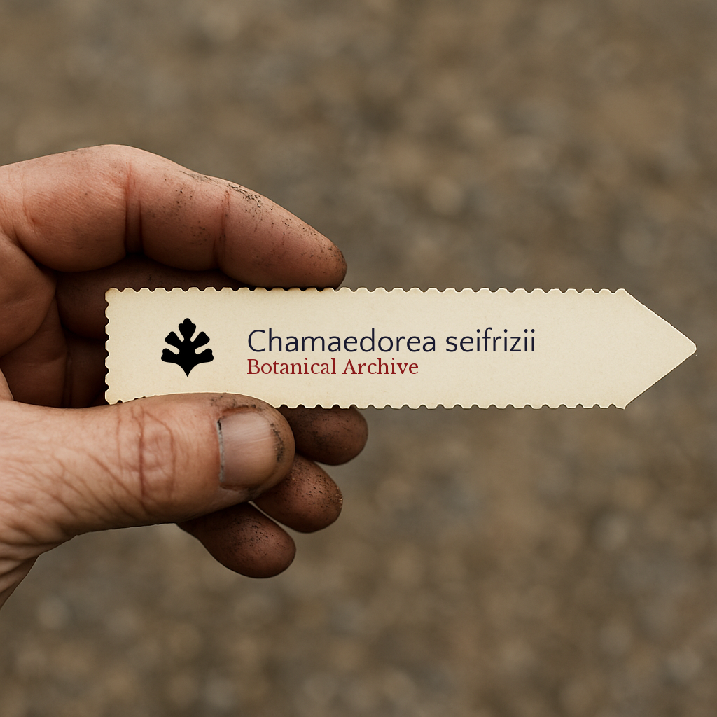 Etichetta stampata per pianta di Chamaedorea seifrizii tenuta da mano sporca all'aperto