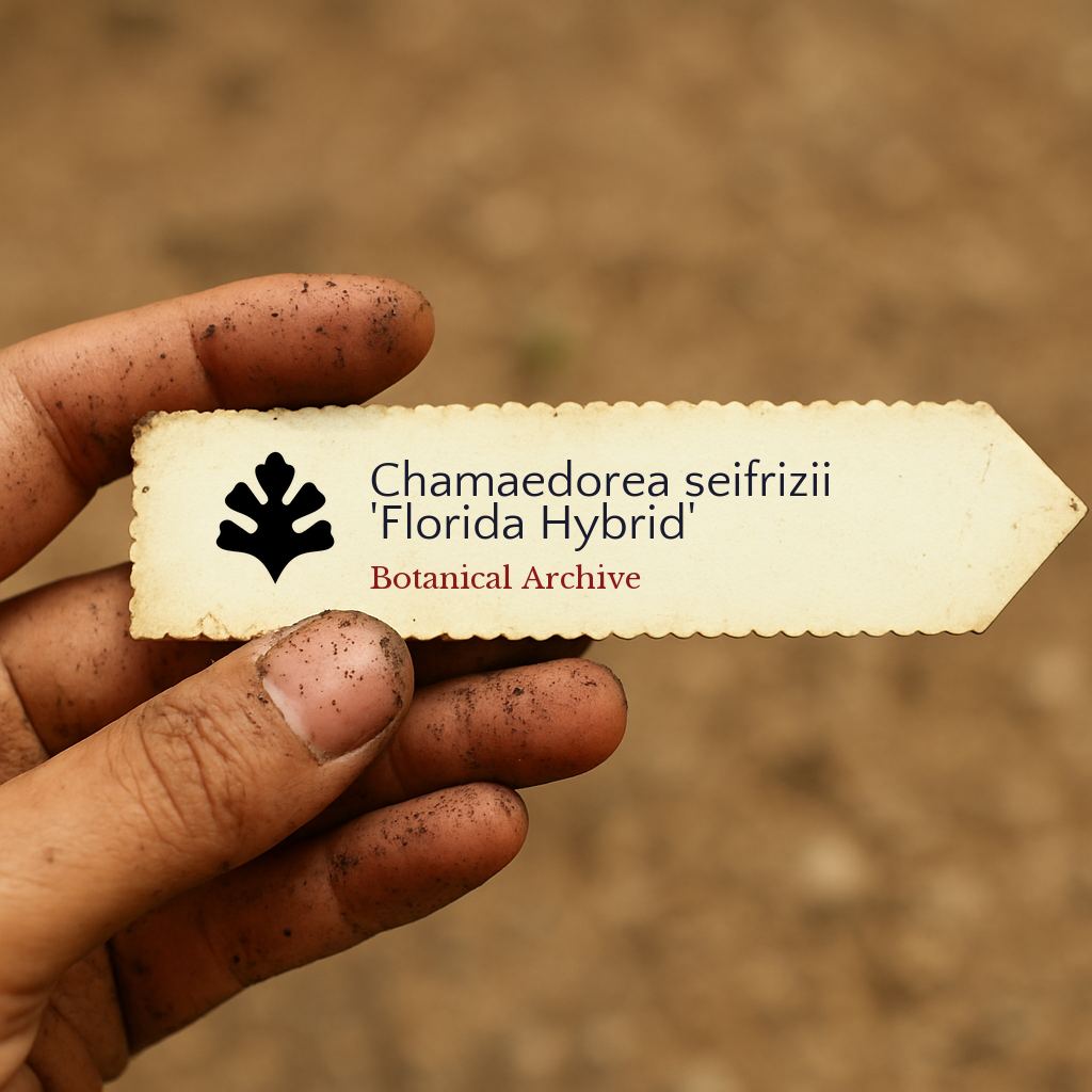 Printed plant label for Chamaedorea seifrizii 'Florida Hybrid' held by dirty hand outdoors