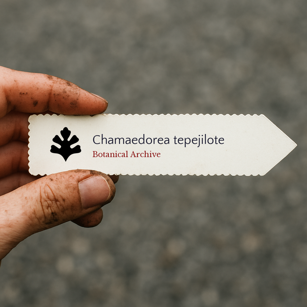 Printed plant label for Chamaedorea tepejilote with botanical archive logo held by hand