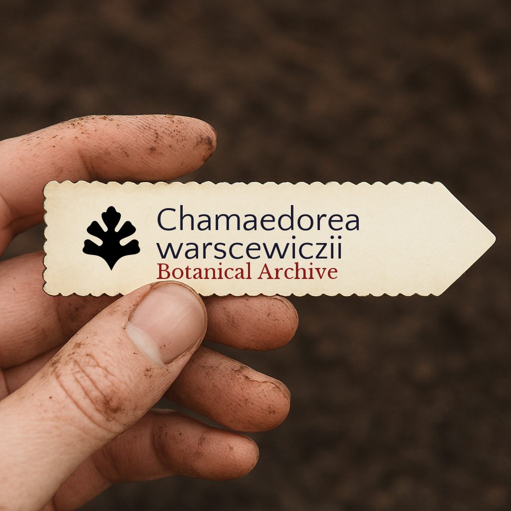Etichetta per pianta stampata per Chamaedorea warscewiczii tenuta da mano sporca su sfondo di terra