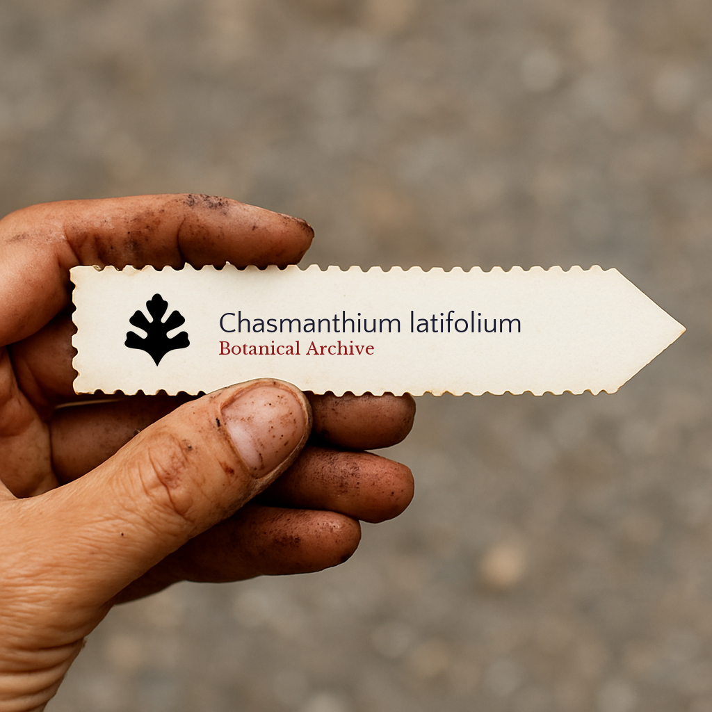 Etichetta stampata per pianta di Chasmanthium latifolium tenuta da mano sporca all'aperto