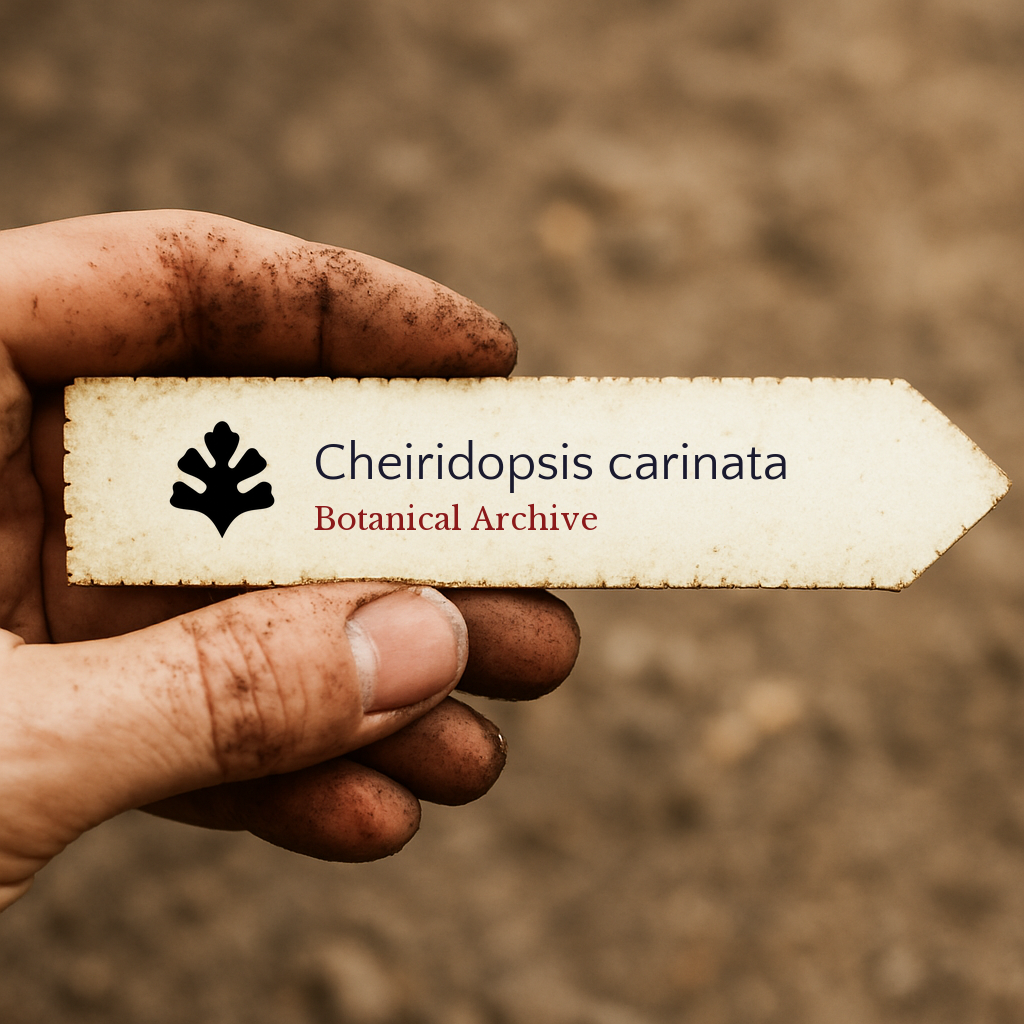 Etichetta stampata per pianta di Cheiridopsis carinata tenuta da una mano sporca contro sfondo di terreno