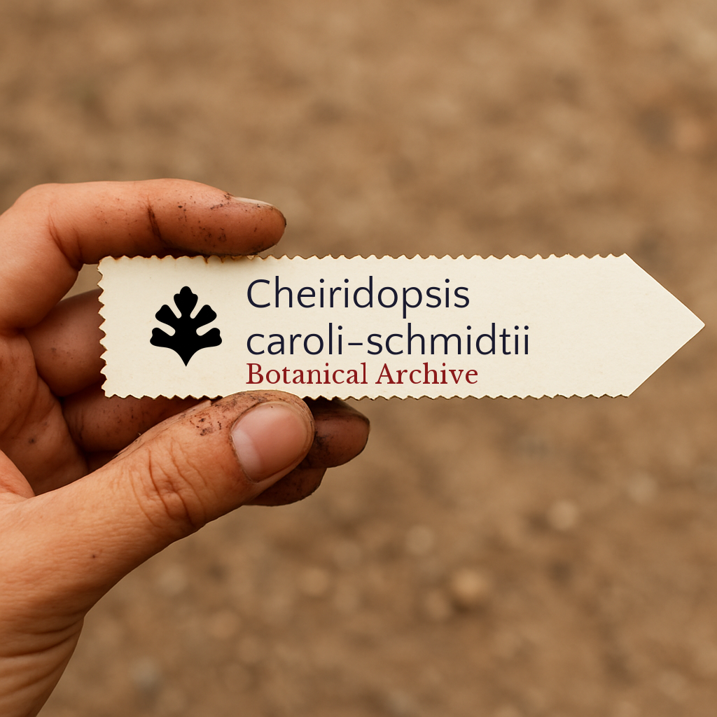 Etichetta stampata per pianta di Cheiridopsis caroli-schmidtii tenuta da mano sporca all'aperto