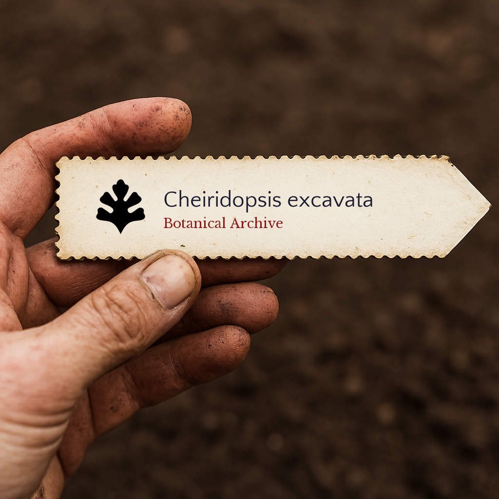 Printed plant label for Cheiridopsis excavata held by dirty hand over soil background