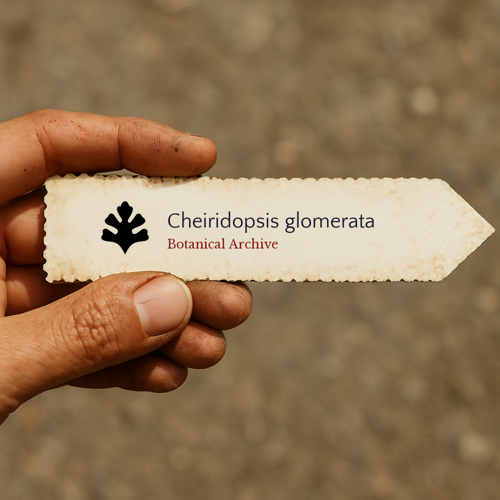 Printed plant label for Cheiridopsis glomerata held by hand with dirt background