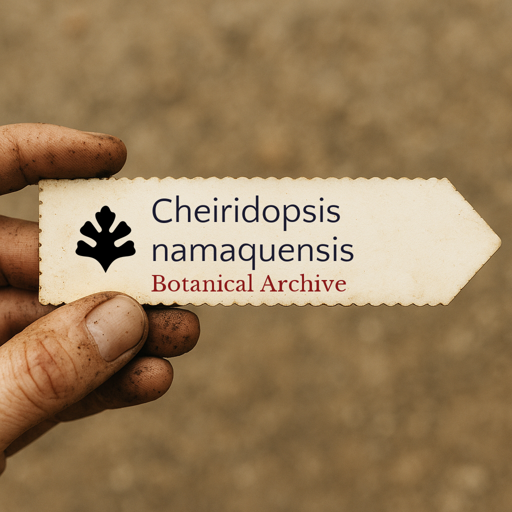 Printed plant label for Cheiridopsis namaquensis held by dirty hand against blurred background