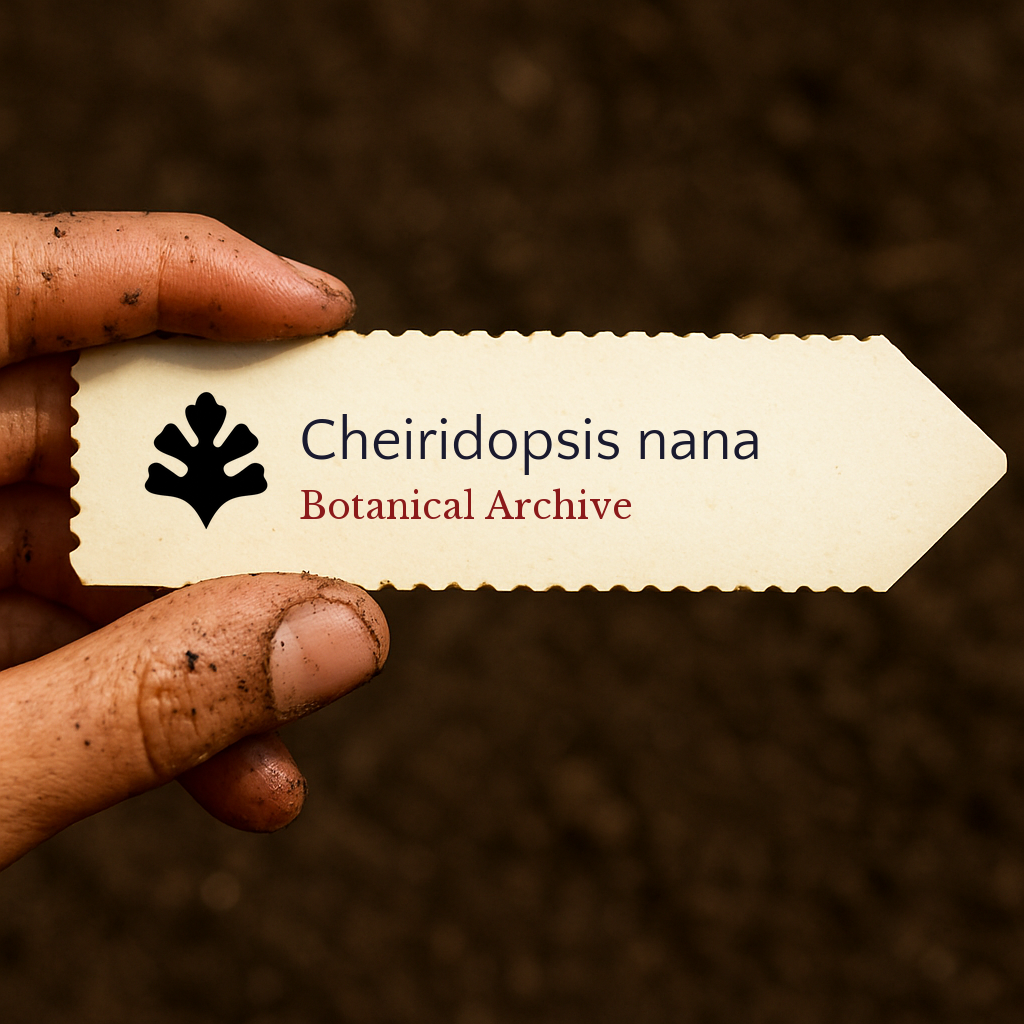 Printed plant label for Cheiridopsis nana held by dirty hand over soil background
