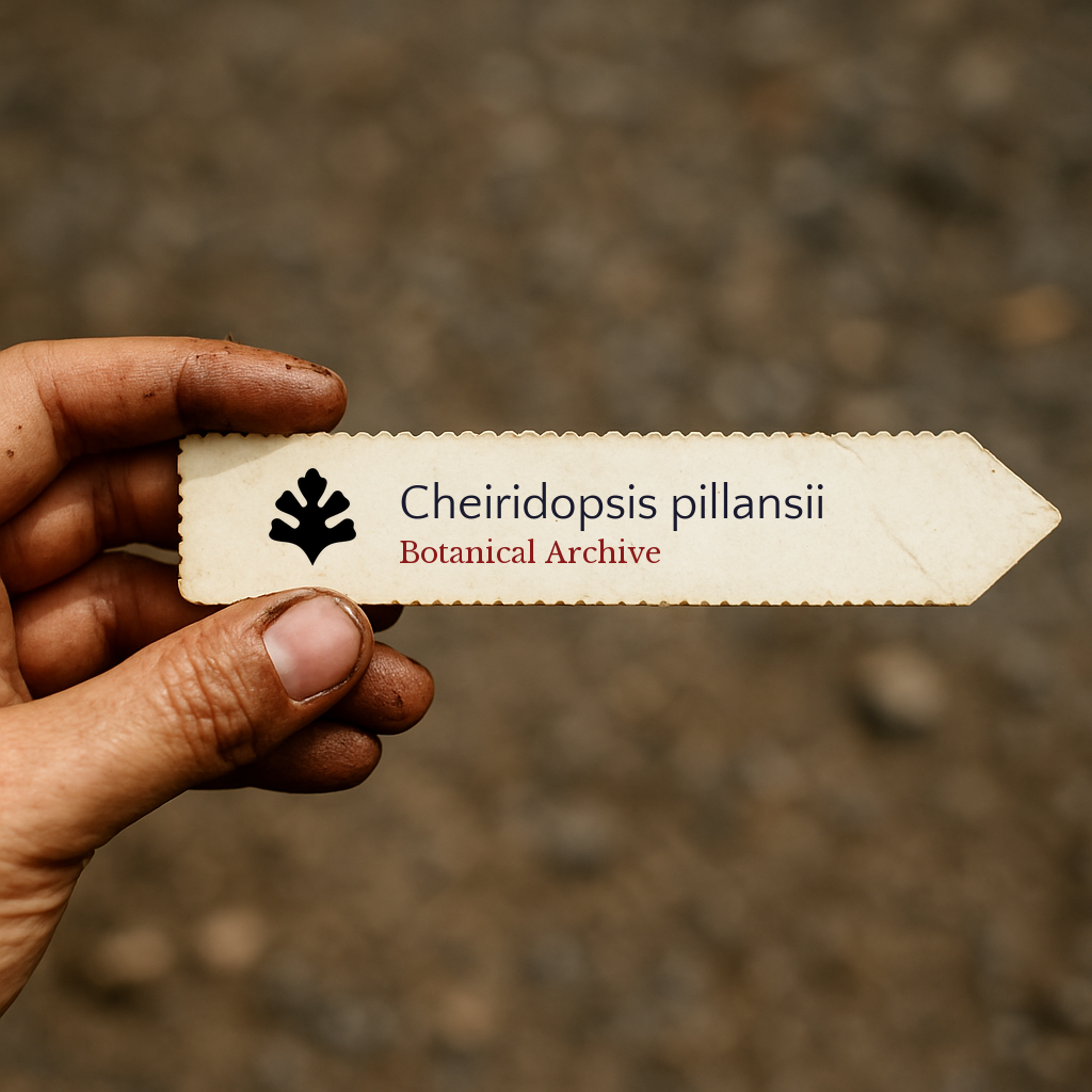 Printed plant label for Cheiridopsis pillansii with botanical archive logo held by hand