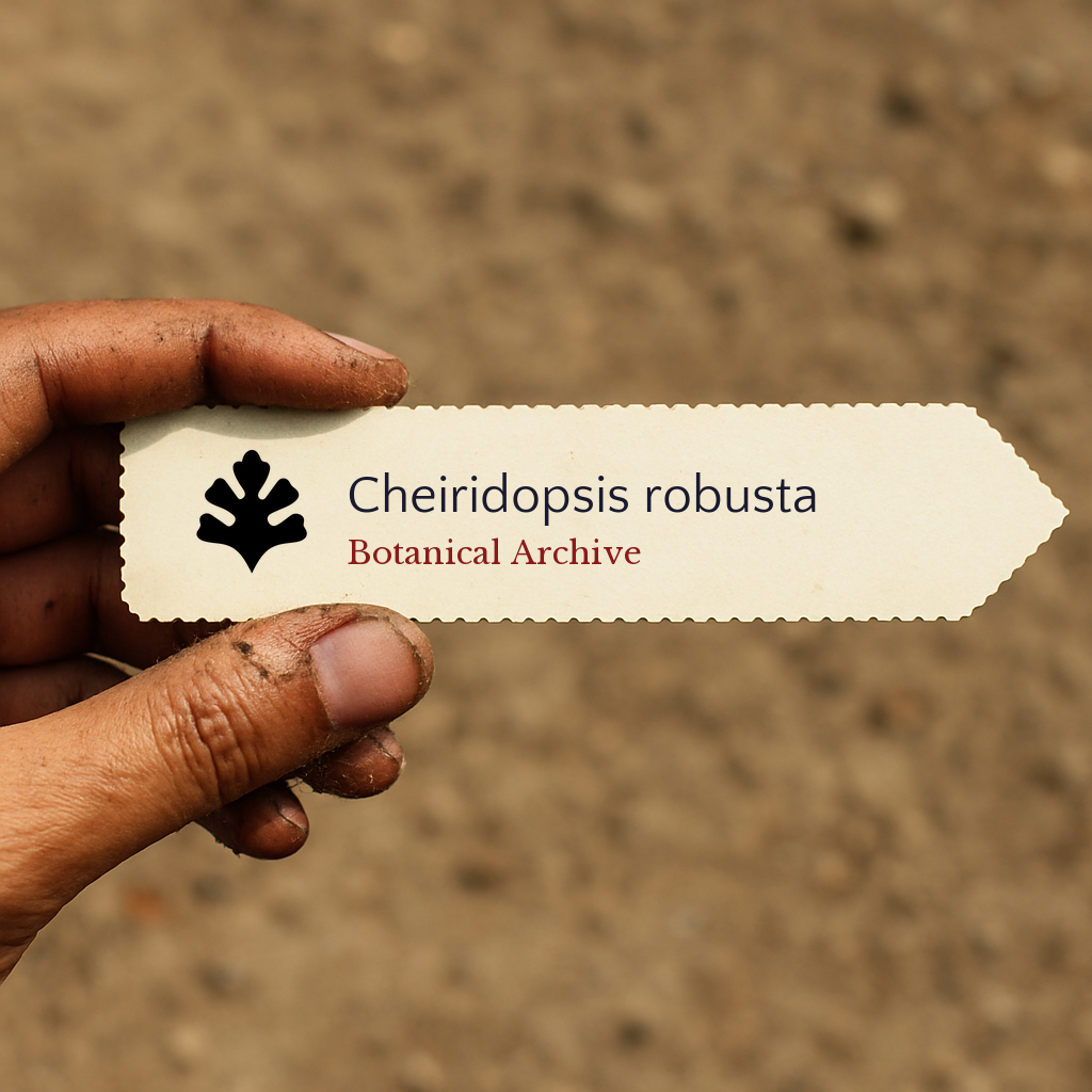 Printed plant label for Cheiridopsis robusta held by hand with soil background
