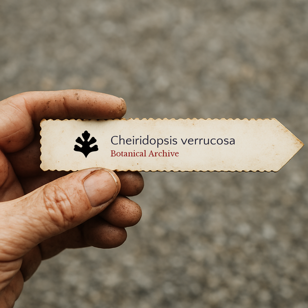 Printed plant label for Cheiridopsis verrucosa held by dirty hand outdoors