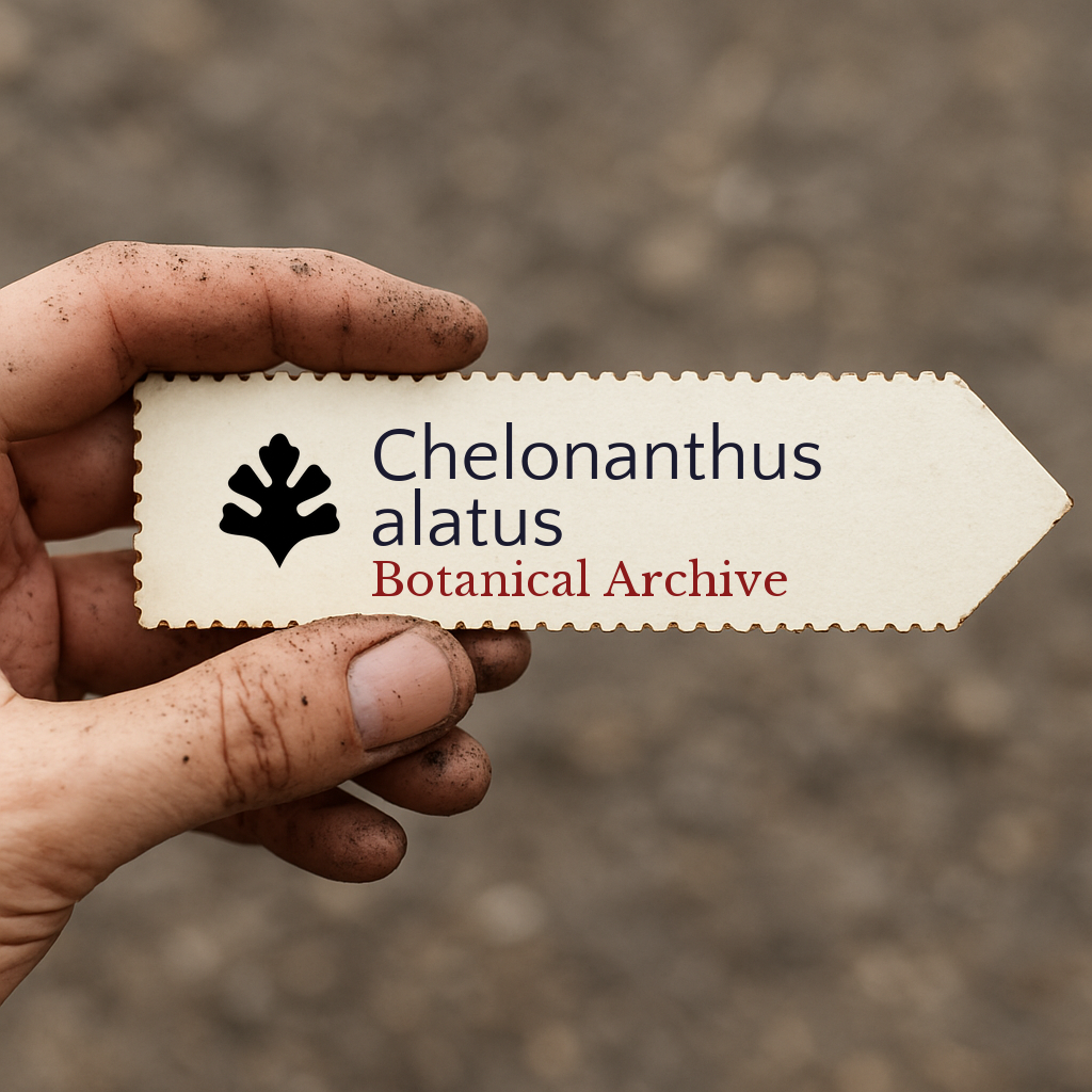 Etichetta per pianta stampata per Chelonanthus alatus Botanical Archive tenuta da una mano sporca