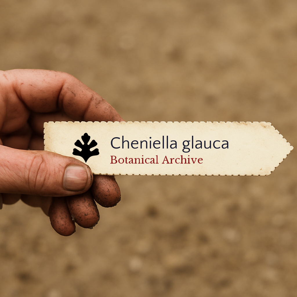 Etichetta plantare stampata per Cheniella glauca tenuta a mano con sfondo di terra