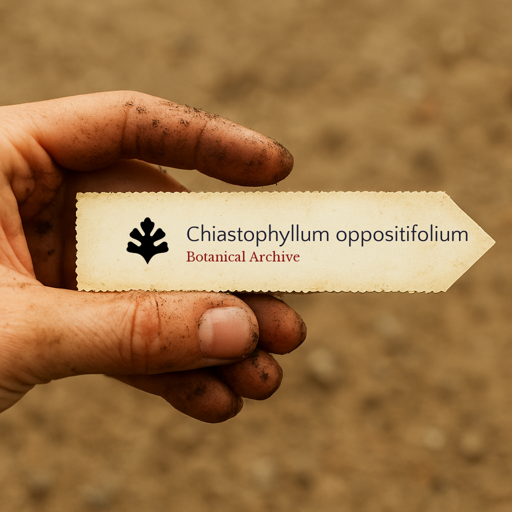 Printed plant label for Chiastophyllum oppositifolium held by dirty hand over soil background