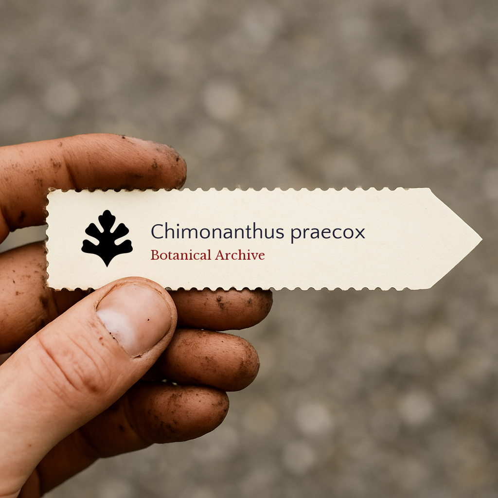 Printed plant label for Chimonanthus praecox held by dirty hand outdoors