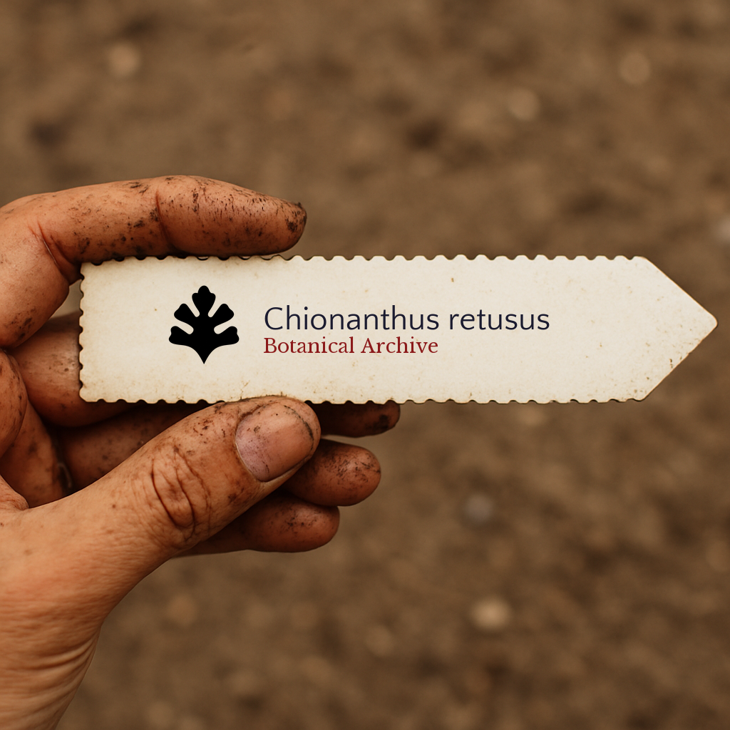 Printed plant label for Chionanthus retusus held by dirty hand over soil background