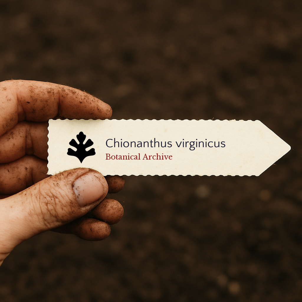 Printed plant label for Chionanthus virginicus held by dirty hand over soil background