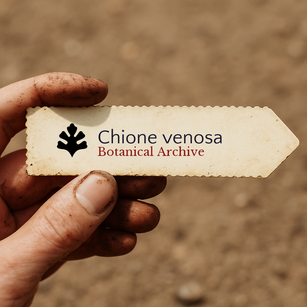 Etichetta stampata per pianta di Chione venosa tenuta da mano sporca su sfondo di terreno