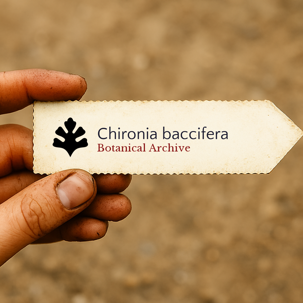 Printed plant label for Chironia baccifera held by hand with dirt background