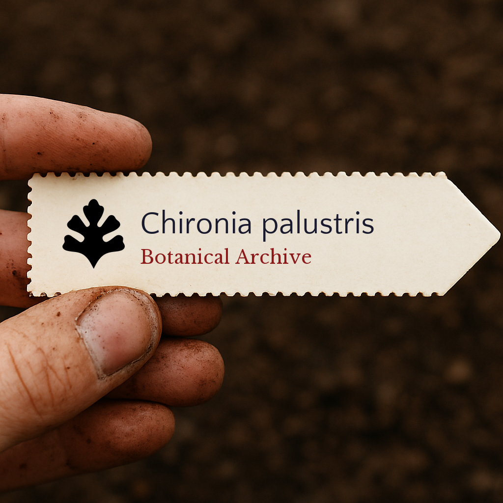 Printed plant label for Chironia palustris held by dirty hand over soil background