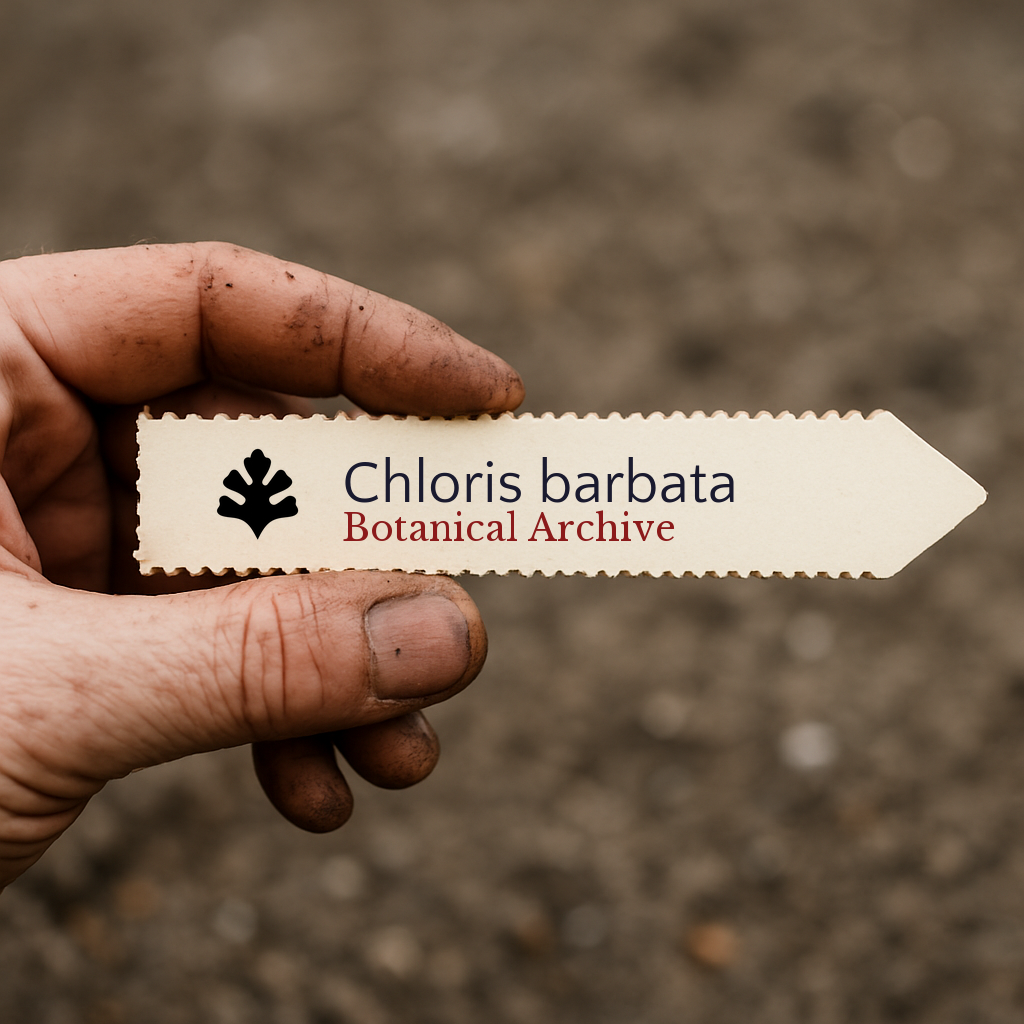 Printed plant label for Chloris barbata held by dirty hand over soil background