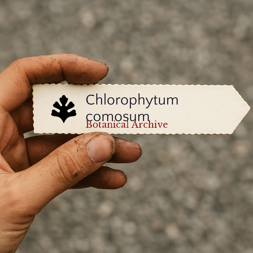 Etichetta per pianta stampata per Chlorophytum comosum tenuta a mano con terra sulle dita