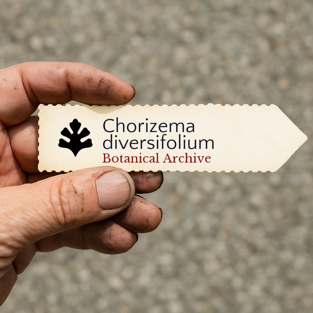 Printed plant label for Chorizema diversifolium held by dirty hand outdoors