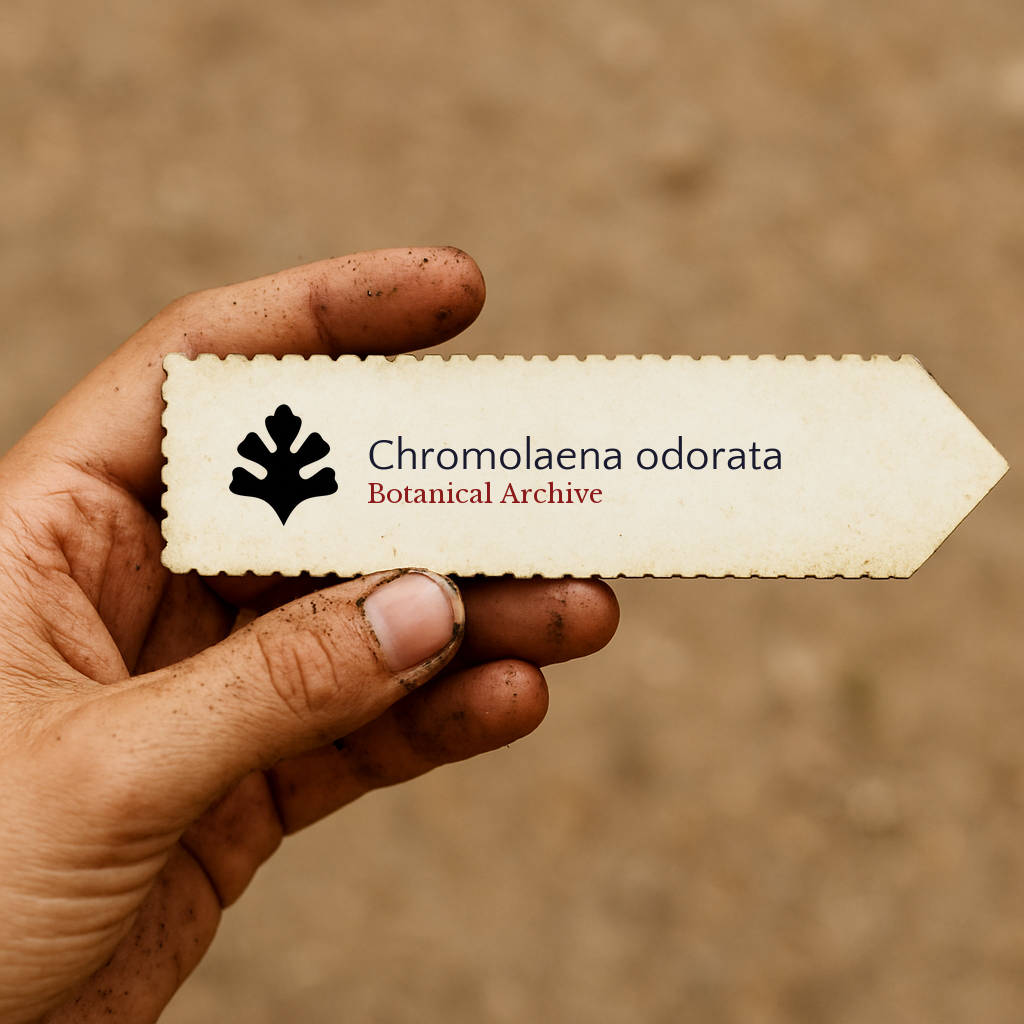 Printed plant label for Chromolaena odorata held by dirty hand outdoors