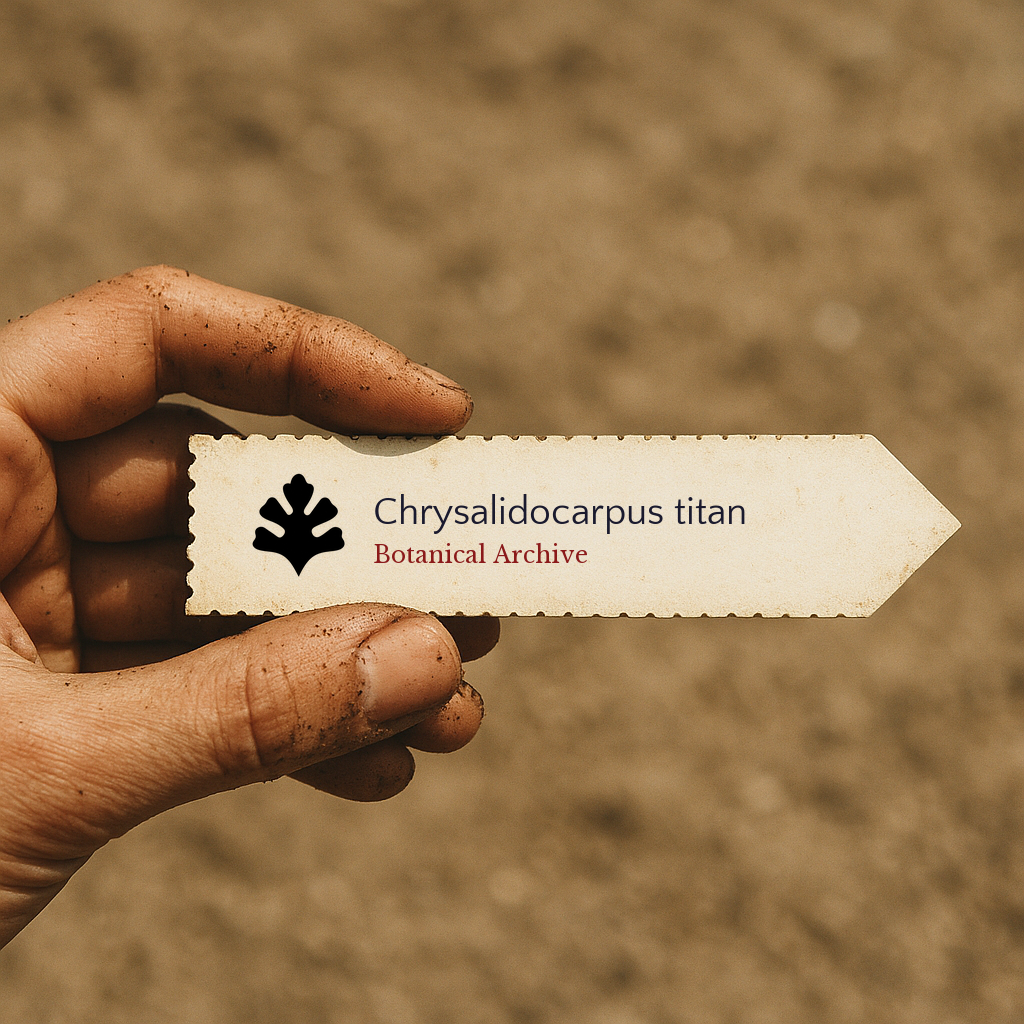 Printed plant label for Chrysalidocarpus titan held by dirty hand with soil background