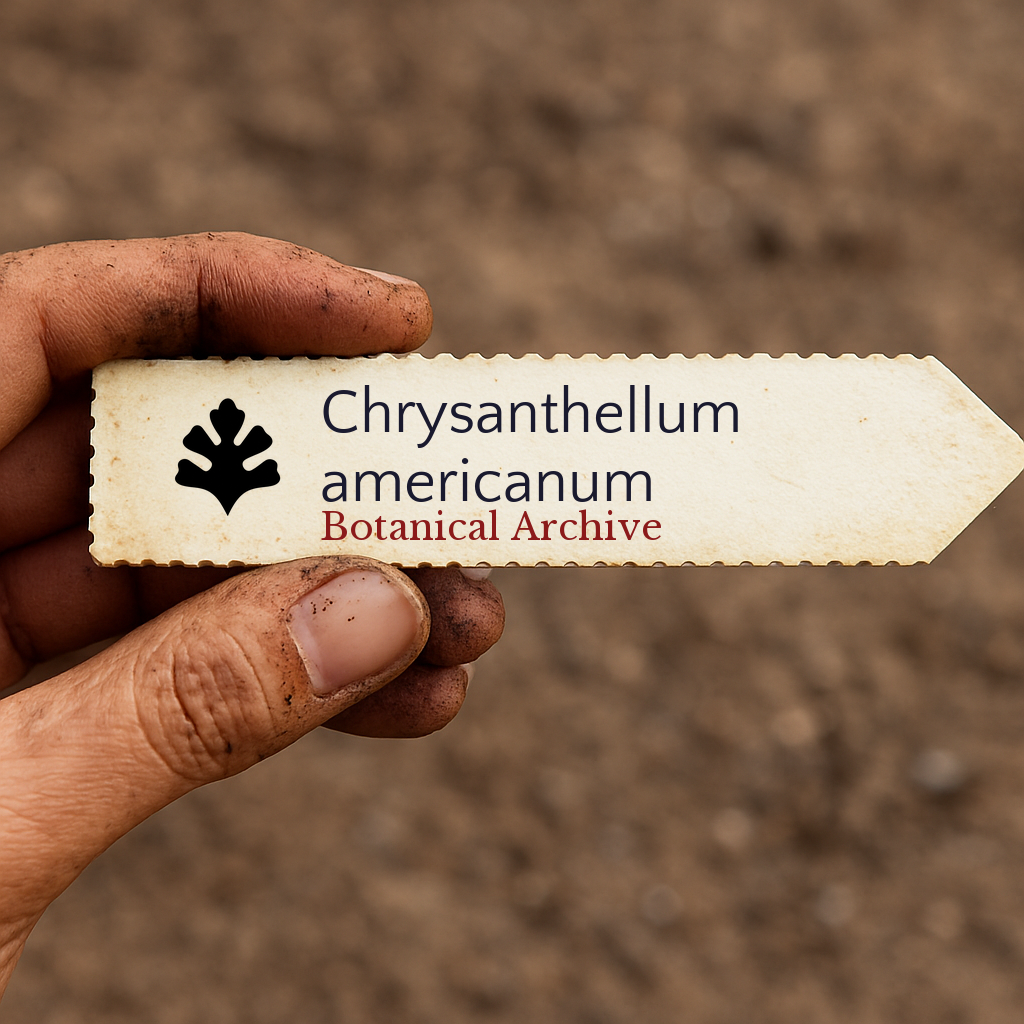 Etichetta vegetale stampata per Chrysanthellum americanum tenuta a mano con sfondo di terreno