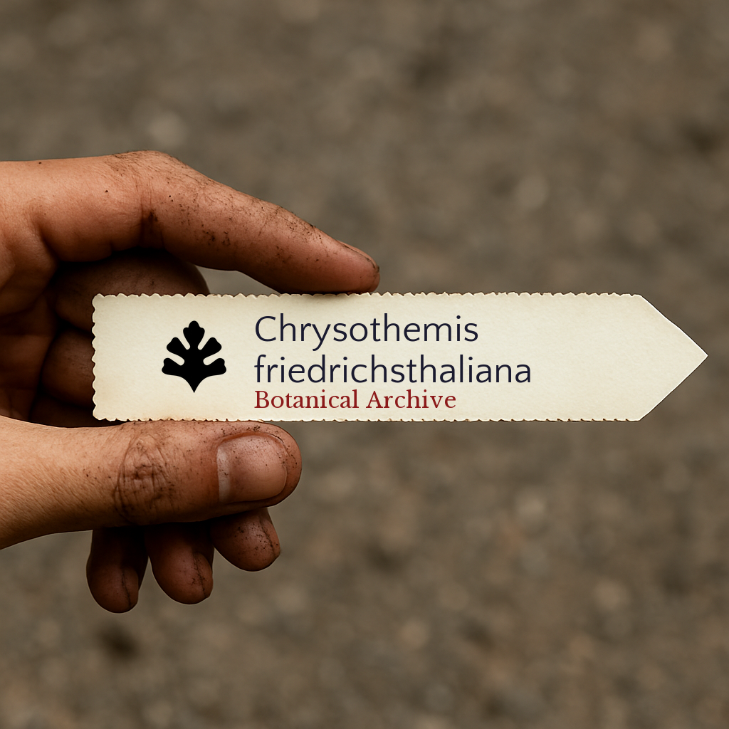 Printed plant label for Chrysothemis friedrichsthaliana held by hand with soil dirt