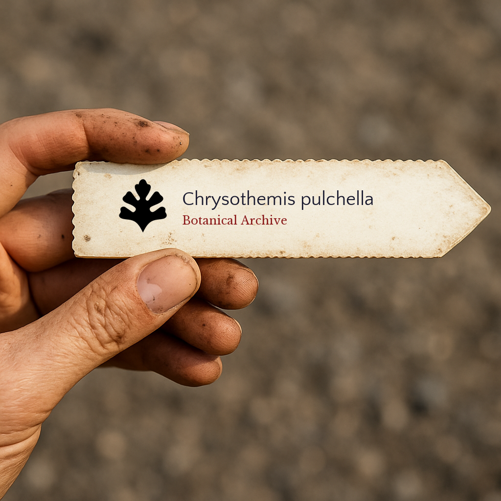 Etichetta per pianta stampata per Chrysothemis pulchella con logo Botanical Archive tenuta da una mano sporca
