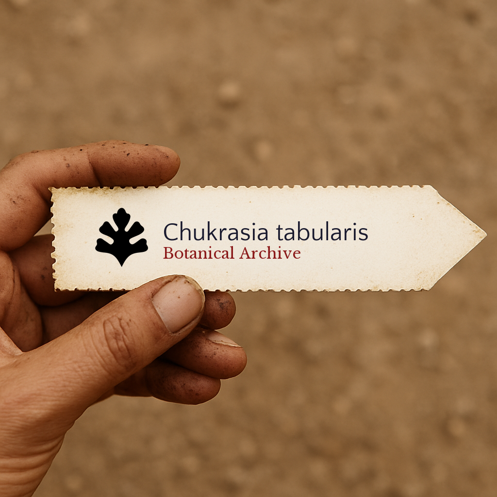 Etichetta piantina stampata per Chukrasia tabularis tenuta a mano con sfondo di terra