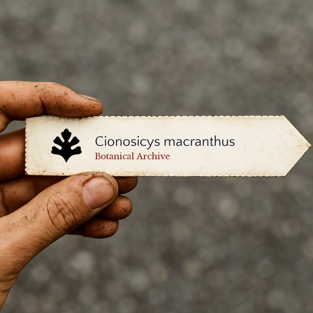 Etichetta per piante stampata per Cionosicys macranthus tenuta a mano con sfondo di terra