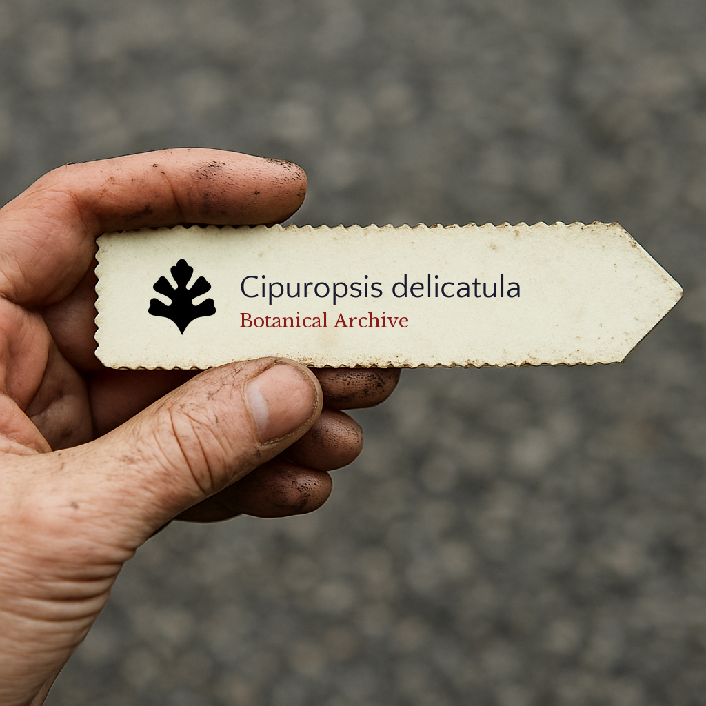 Etichetta per pianta stampata per Cipuropsis delicatula tenuta a mano con sfondo di terra