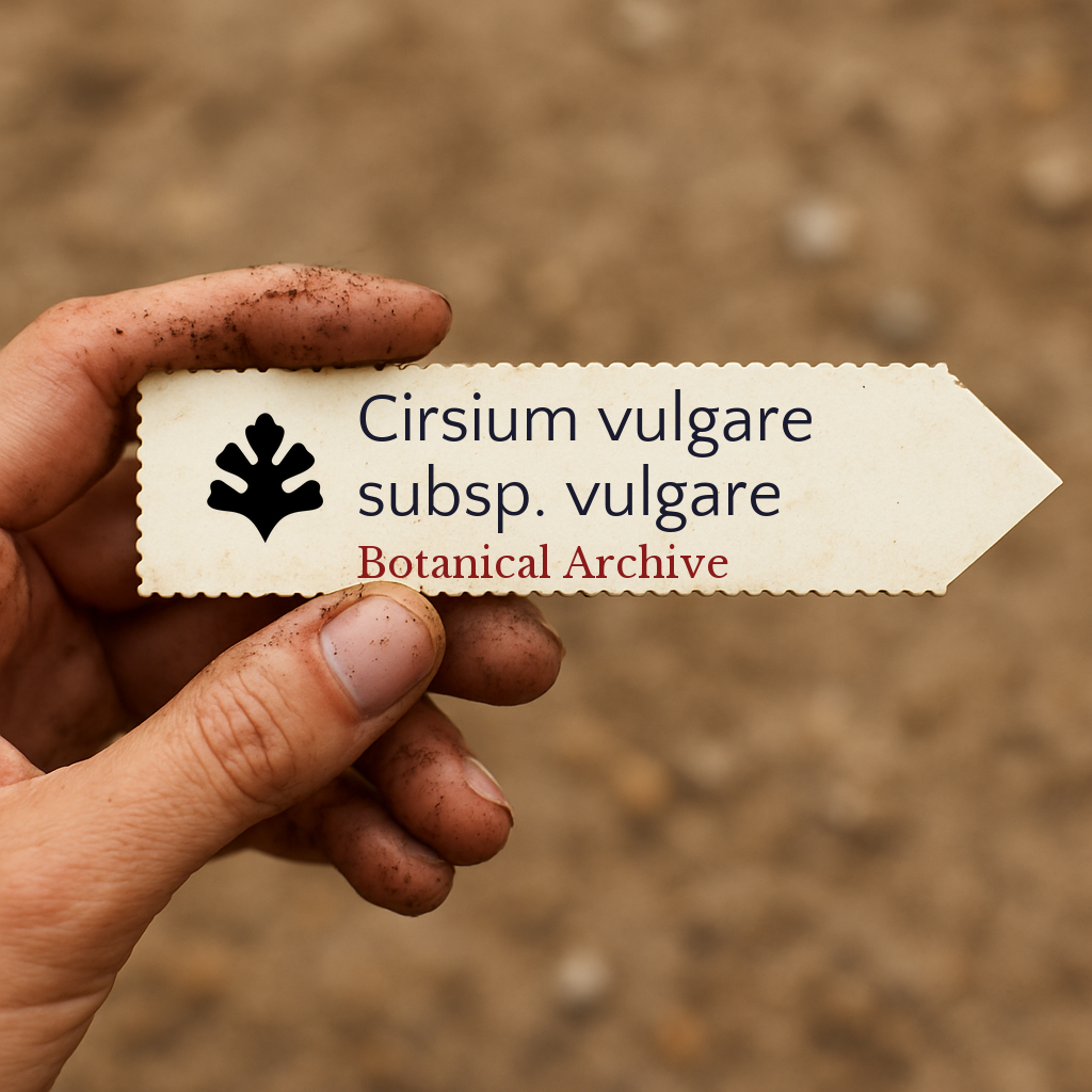 Printed plant label for Cirsium vulgare subsp. vulgare held by dirty hand outdoors