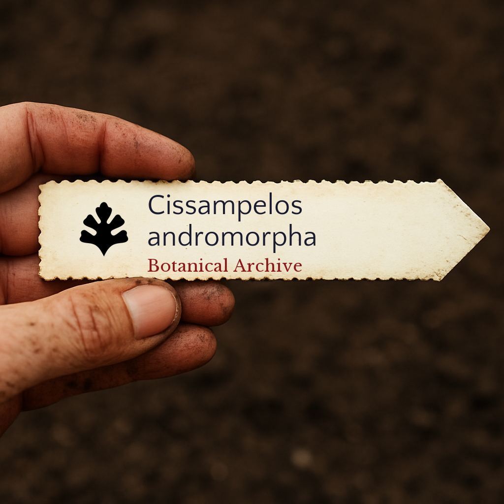 Handheld vintage botanical archive label for Cissampelos andromorpha on soil background