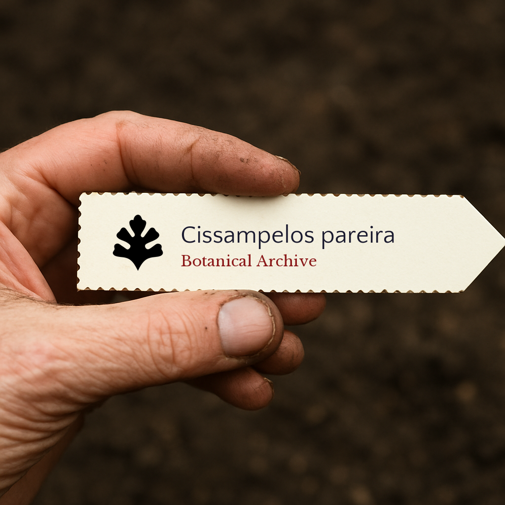 Etichetta vegetale stampata per Cissampelos pareira su sfondo di terreno
