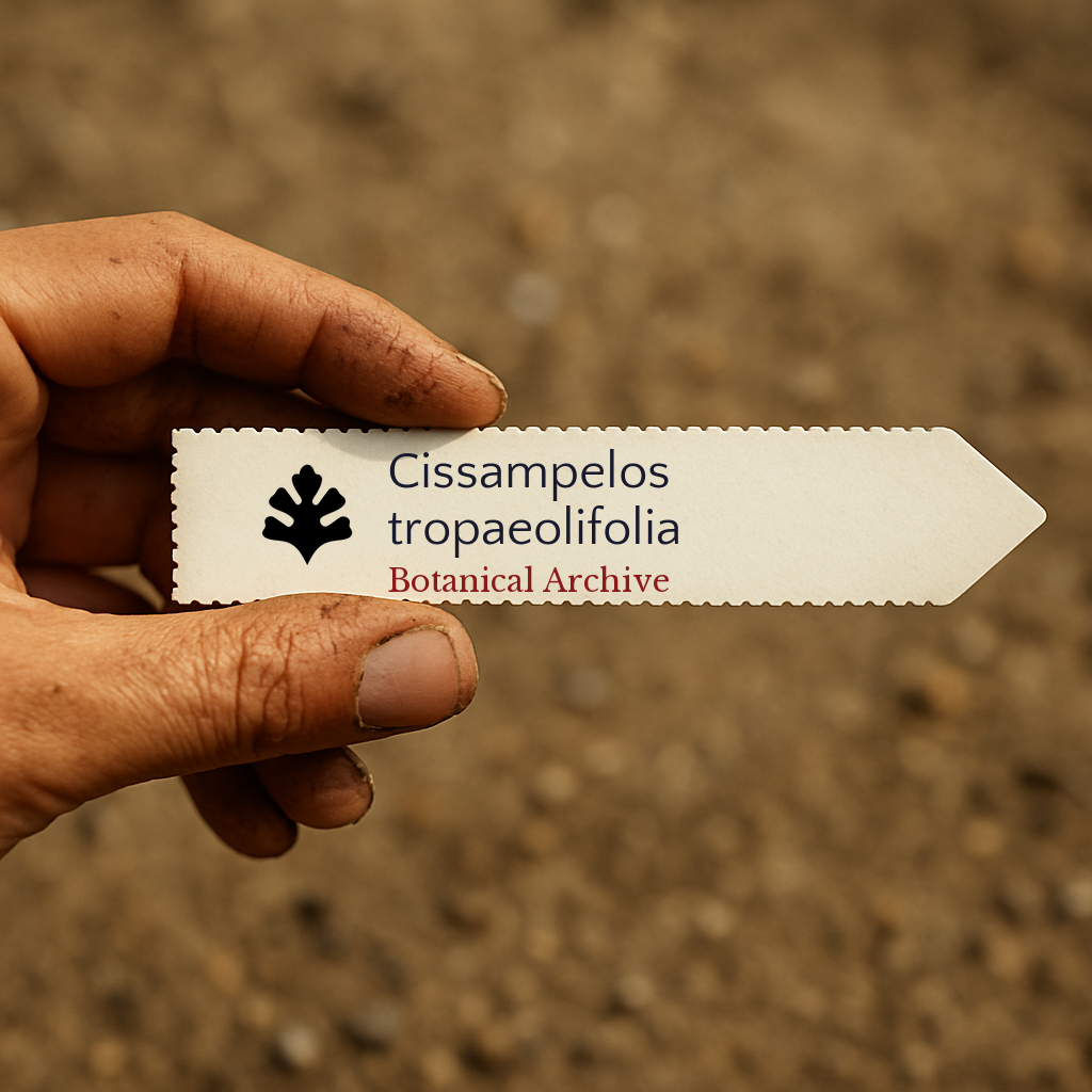 Printed plant label for Cissampelos tropaeolifolia held by hand against soil background